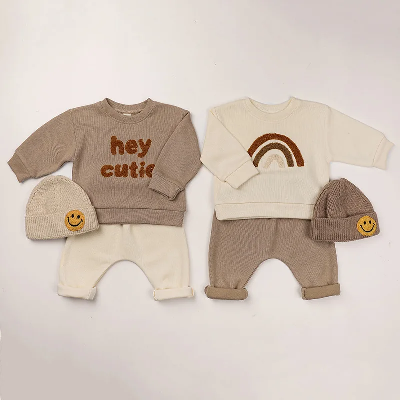 In Stock Autumn Winter Baby Long Sleeve Embroidery Clothing Set Sweatshirt and Trouser Kids Tracksuits with Knitted Hat 3pcs - Image 2