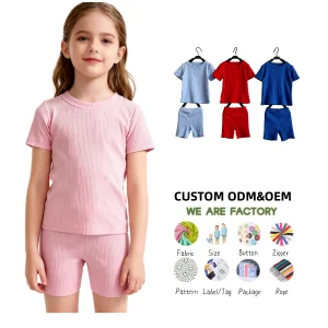 Summer Kids Ribbing Cotton Fitted Style T-shirt and Biker Short Set Boys Girls Baby Clothing Set