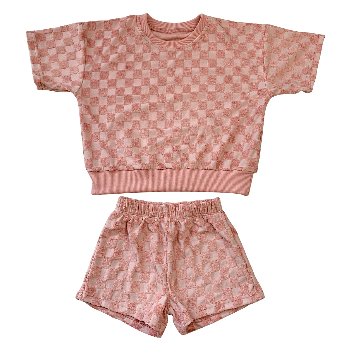 Custom Summer Checkered Baby Towel Fabric 2pcs Short Sleeve Jogger and Short Pants Set - Image 4