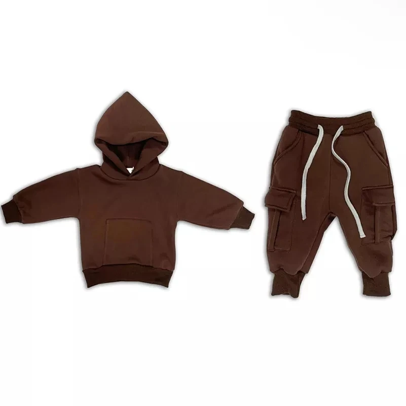 Winter Kids Unisex French Terry Fleece Lining Clothing Set Hooded Sweatshirt Pullover Sweatpants Jogger Tracksuits - Image 3