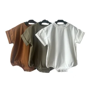 Summer Baby Cotton Bubble Romper Solid Short Roll-up Sleeve Unisex Onesie