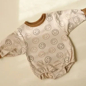 Custom printing toddler infant unisex long sleeve french terry cute crewneck bubble oversized romper