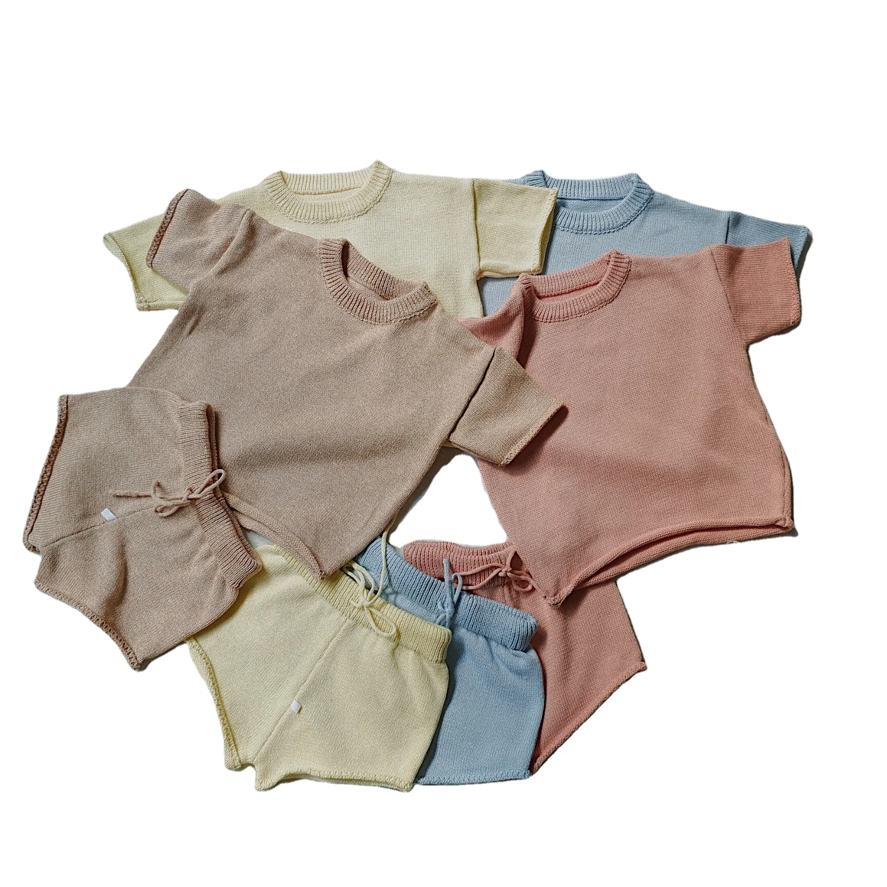 Cotton Knit Two Piece Set Custom Short Sleeve Sweater and Shorts Set Colorful Summer Roll Hem Shorts