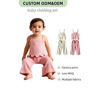 Customized Kids Clothes Set Toddler Baby Girl Summer 2Pcs Outfit Sleeveless Top and Cotton Linen Pants Set Solid Color Clothes