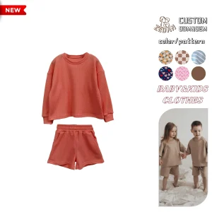 Custom Printed Kids Baby Girls Clothing Sets Crop Length Long Sleeve Oversized Tops & Shorts 2-Piece Waffle Outfits