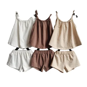 Cotton Short Set Summer Girl Sleeveless Tank Top and Shorts Two Piece Toddler Tie Shoulder Cami Top Set