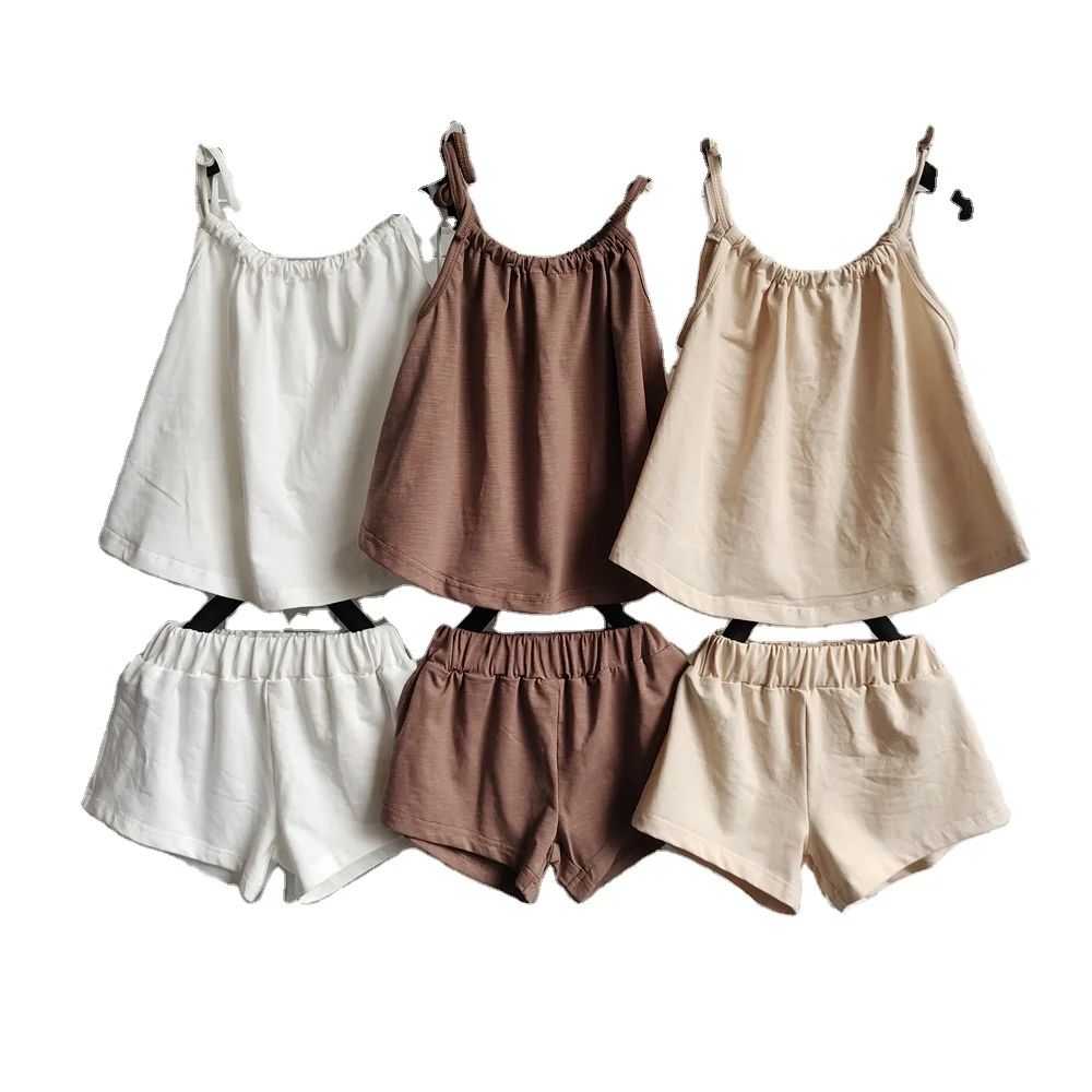 Cotton Short Set Summer Girl Sleeveless Tank Top and Shorts Two Piece Toddler Tie Shoulder Cami Top Set