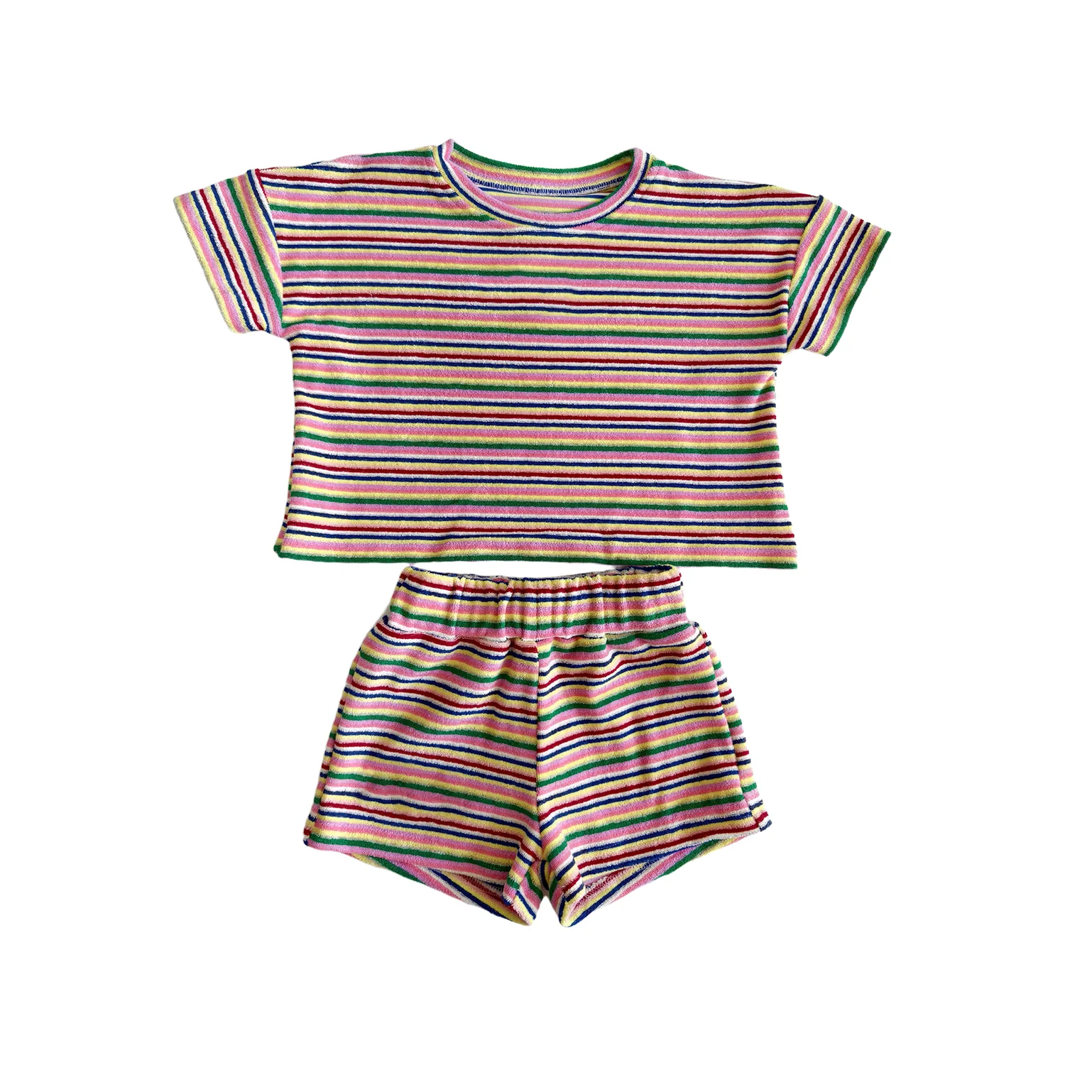 Summer 2-Piece Clothing Kids Rainbow Striped Terry Cloth Set Short Sleeve Top & Elastic Waist Shorts Kids Clothes Set for 0-8T - Image 4