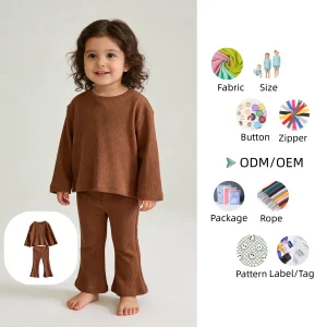 Custom Soft Solid Logo Private Label Waffle  Casual Spring Long Sleeve T-Shirt Pants Baby Clothing Set