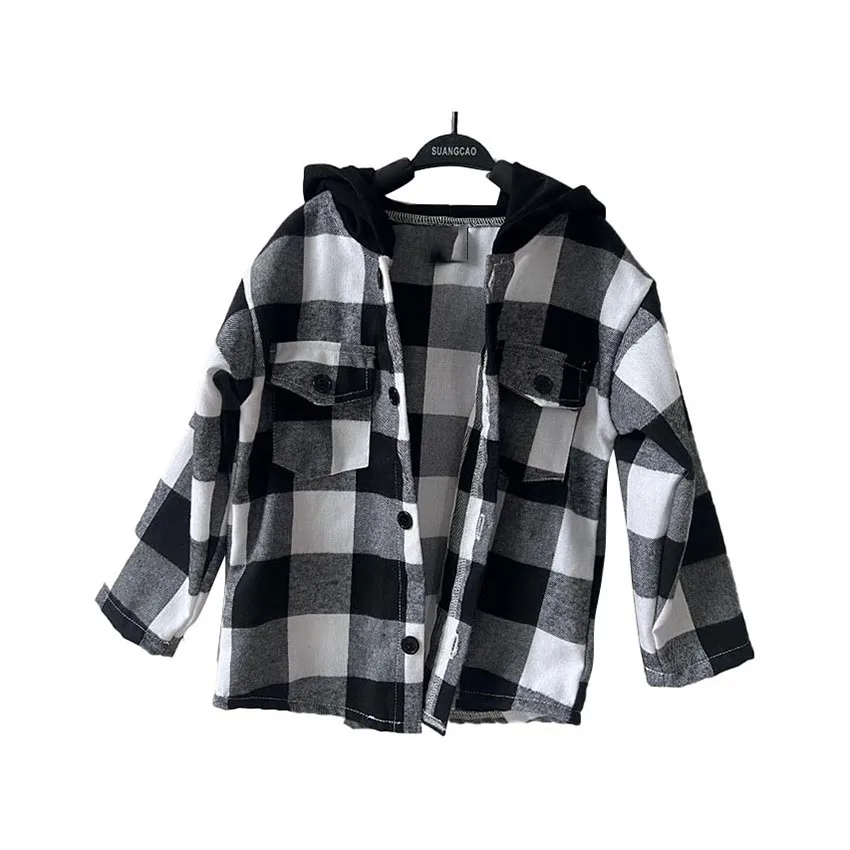 Toddler Boys Button Down Shirt Long Sleeve Custom White and Black Plaid Boys Flannel Checked Hooded Shirts for Kids - Image 2
