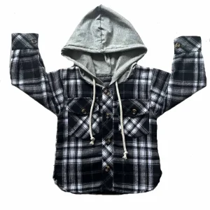 Spring Toddler Boy Hooded Draw Rope Checked Pocket Shirt Fashion Long-sleeved Urban Baby Coat