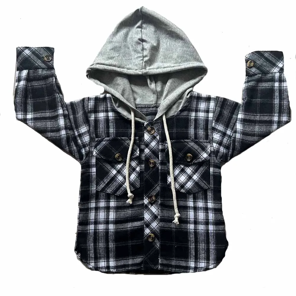 Spring Toddler Boy Hooded Draw Rope Checked Pocket Shirt Fashion Long-sleeved Urban Baby Coat