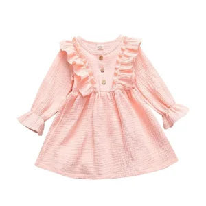Toddler Baby Girl Summer Dress Ruffles Sleeves Muslin Children Girls Casual Button up Kids Sundress