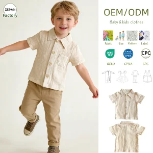Unisex Children's Shirt Organic Crepe Cotton Kids Short Sleeve Shirt Breathable Eco-Friendly Toddler Button Down Shirt for 0-8T