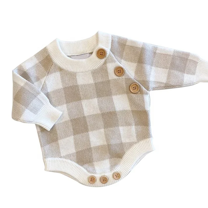 Custom Knitted Baby Romper Long Sleeve Gingham Cute Sweater Romper Outfit - Image 4