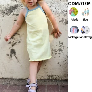 OEM Toddler Girl Summer Cute Lemon Color Ribbed Dress Sleeveless Ruffle Hem Baby Clothes