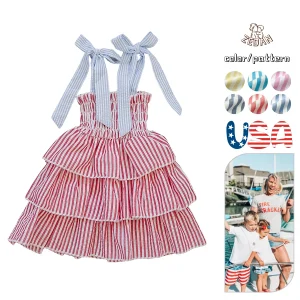 Fourth of July Independence Day Kids Girl Sleeveless Dress Red Blue Striped 100% Cotton Ruffle Dress