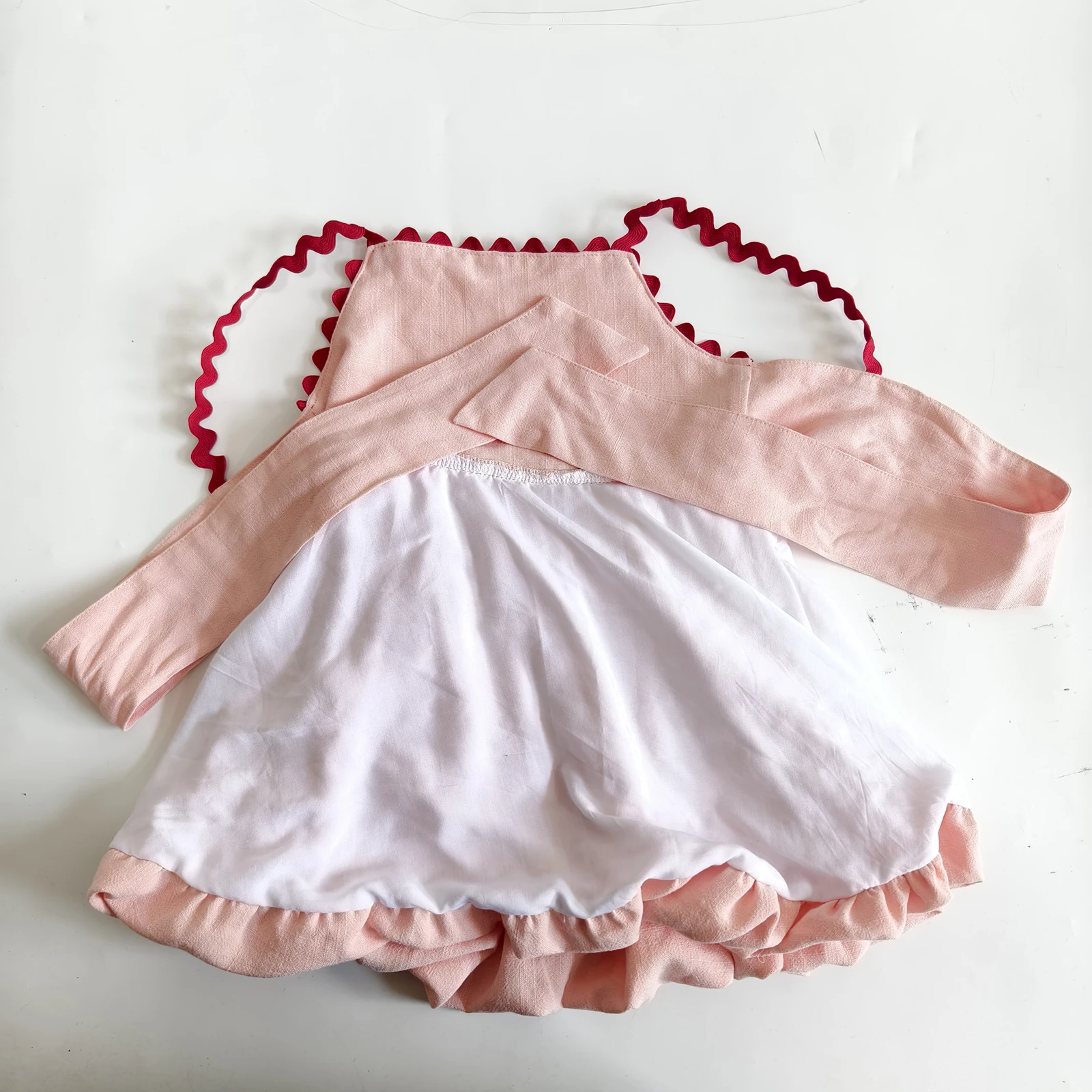 Cute Custom Toddler Girl's Cotton Linen Print Scalloped Trim Lining Sundress Baby Clothing - Image 4