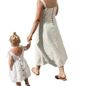 Custom Mommy and Daughter Summer Linen Sleeveless Back Button Casual Beach Dresses