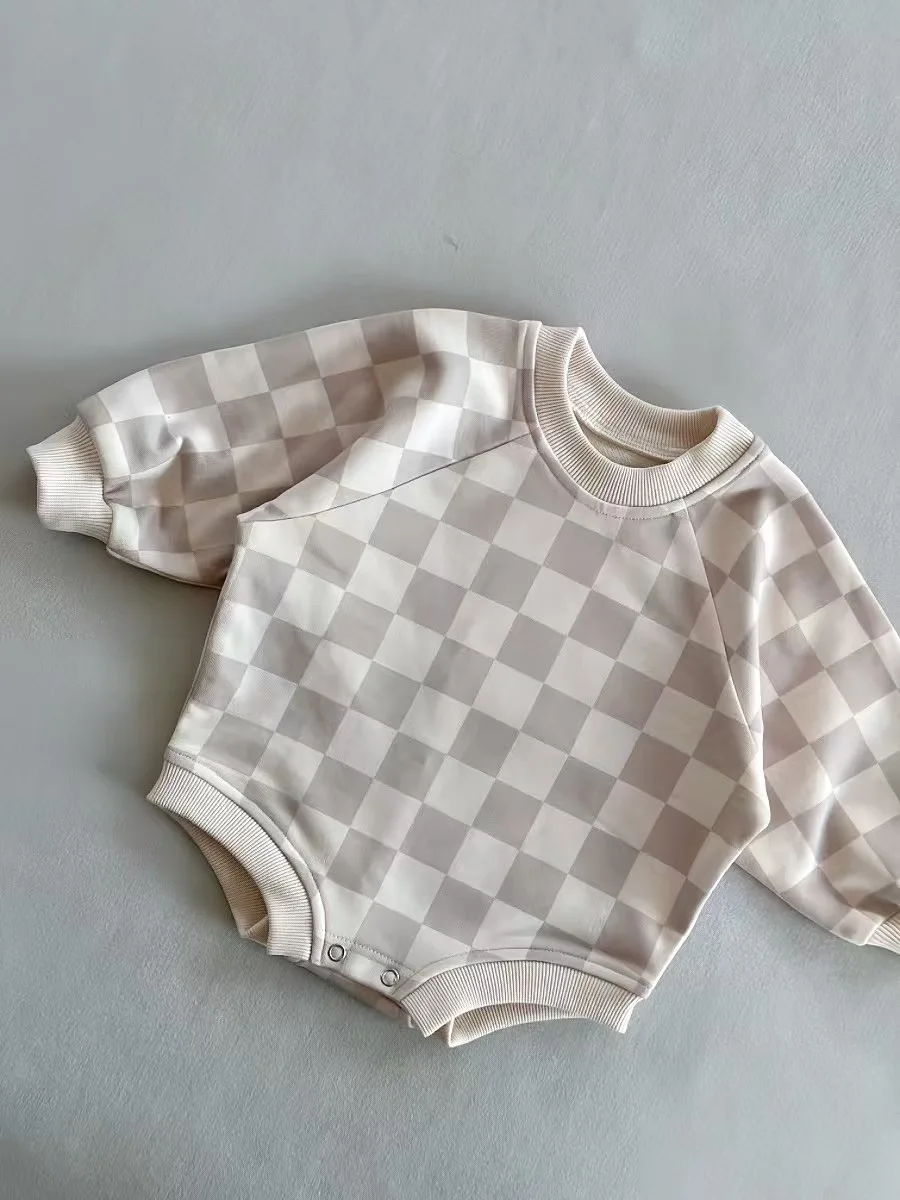 Custom Baby Unisex Long Sleeve Oversized Crewneck Sweatshirt Romper Boys Girls French Terry Checkerboard Bubble Romper - Image 6