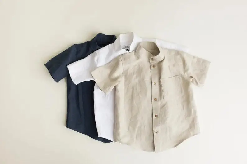 Custom Baby Boys Tee Shirt Linen Cotton Solid Color Short Sleeves Button up T-shirt for Boys Infant Clothes - Image 6