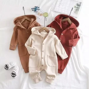 Baby Spring Autumn Clothing Newborn Infant Baby Boy Girls Kid Solid Long Sleeve Hooded Button Pockets Romper Winter Warm