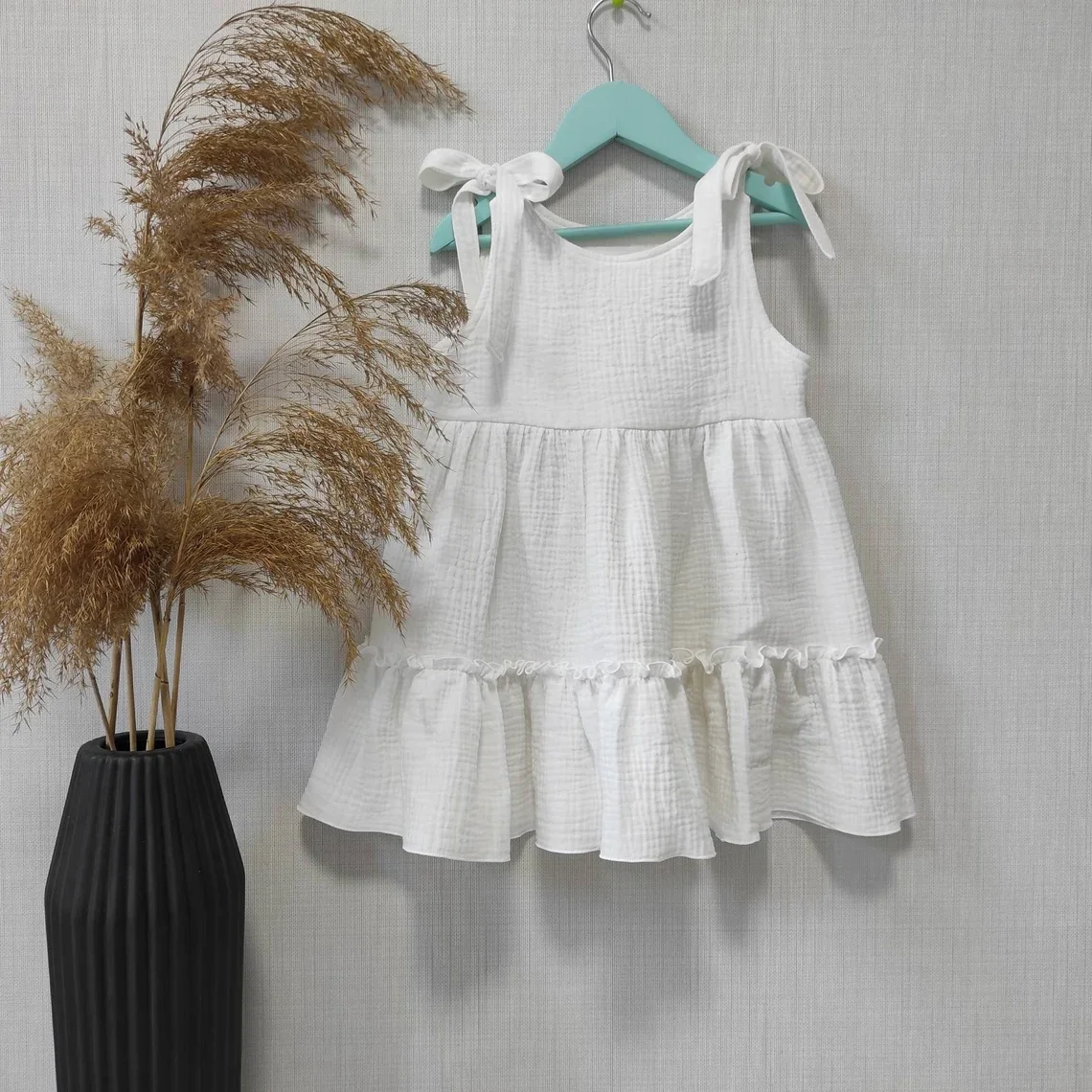 Custom Baby Girl Soft Muslin Ruffle Dress Summer Knot Shoulder Cute Dress - Image 2