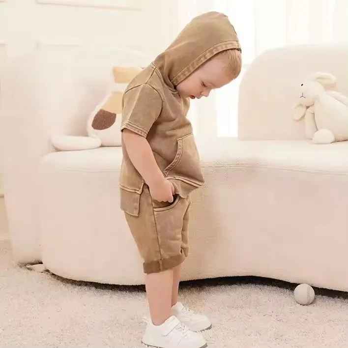 Custom Vintage Kids Acid Wash Design French Terry Cotton Short Sleeve Hoodies and Shorts Two Pieces Set - Image 3