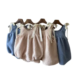 Boutique Unisex Sherpa Infant Baby Rompers Solid Design Bow Sleeveless Onesie with Snap Button Closure for Autumn and Winter