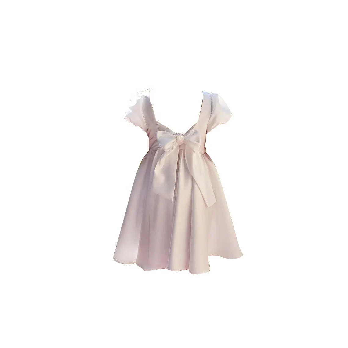 Custom Baby Little Girl First Birthday Party Dress White Puffy Sleeve Back Bow Elastic Satin Dress