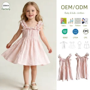 Custom Summer Baby Skirt Girls Organic Crinkle Gauze Ruffle Strap Smocked Dress Pink Sleeveless Summer Casual Dress for 0-8T