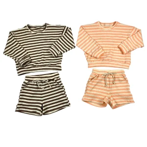 New style customized kids waffle striped long-sleeved top shorts suit casual multi-color summer travel two-piece suit