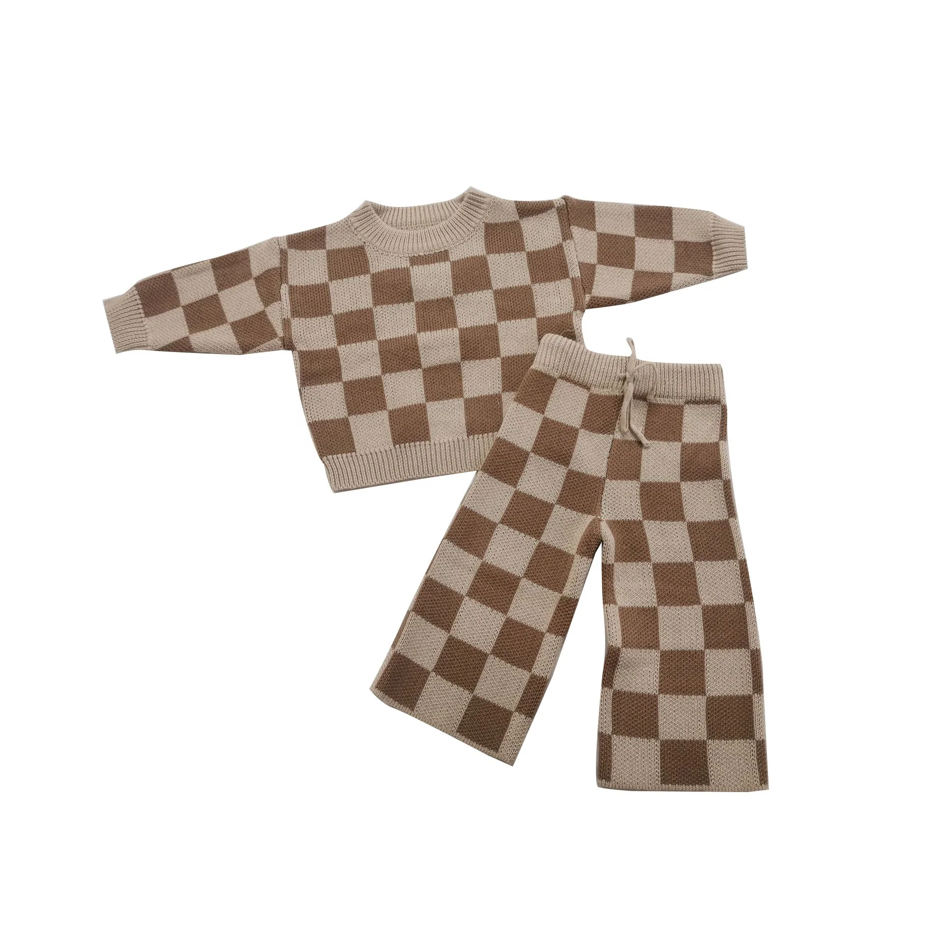 Custom Baby Sweater Winter 100% Cotton Checkered Knit Casual Knitwear Clothes Set - Image 4
