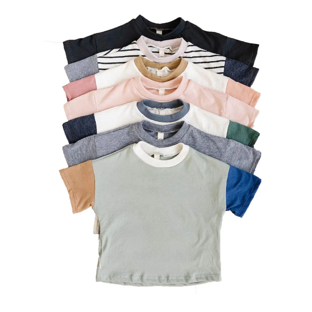 Custom Block Color Summer Baby Unisex Crew Neck Knitted Cotton Shirt Casual Toddler Short Tee