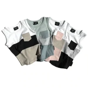 Block Color Summer Baby Boys Girls Shirt Children Swoop Bottom Hem Pocket Tanks