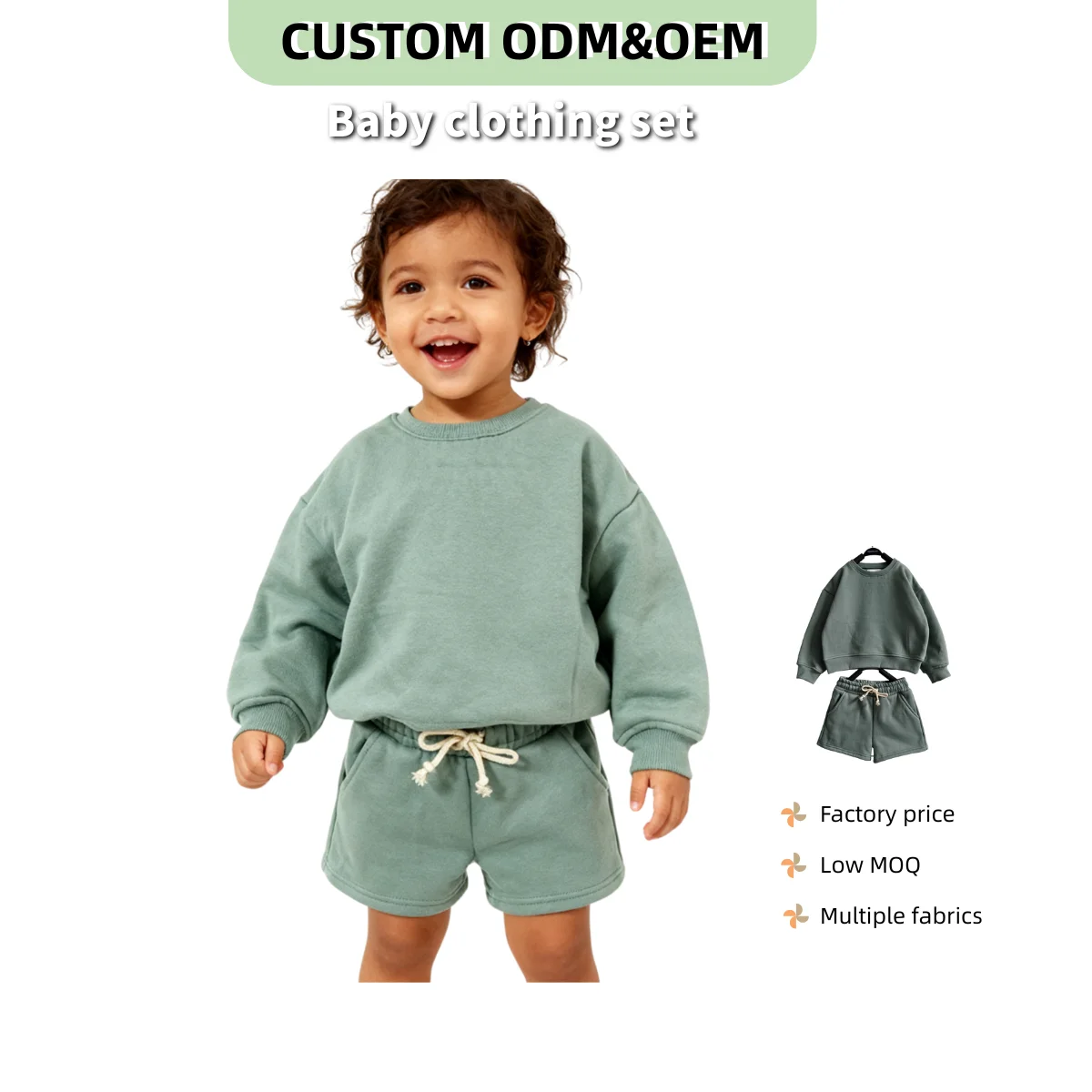 OEM Baby Clothing Toddler Baby Boy Summer Clothes Solid Color Sleeve Crewneck Sweatshirt Top Casual Shorts Set 2PC Outfit