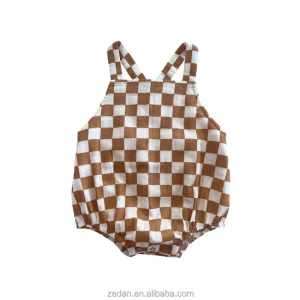 Top Sale Linen Cotton Neutral Baby Sleeveless Checker Button Baby Romper Custom for Summer
