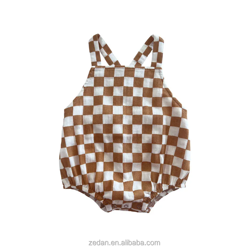 Top Sale Linen Cotton Neutral Baby Sleeveless Checker Button Baby Romper Custom for Summer