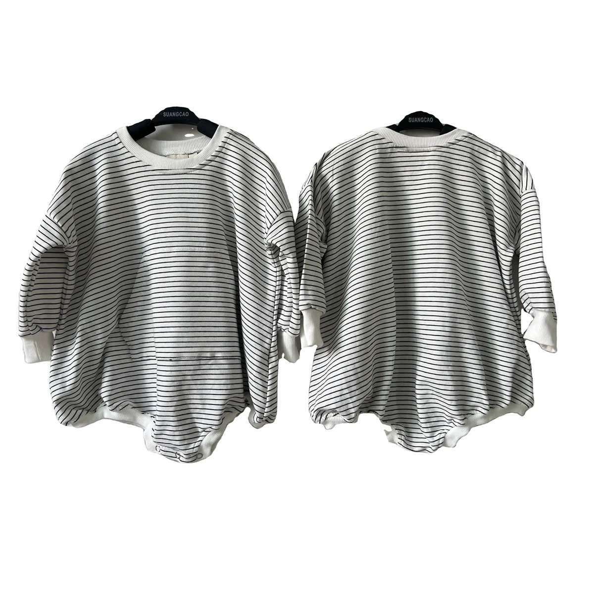 New Design French Terry Long Sleeve Striped Baby Bubble Rompers with Pocket for Autumn - Image 2