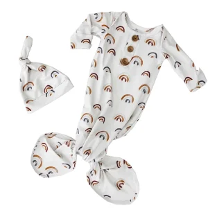 Newborn Baby Gown Milk Silk Buttons Sleeping Bag Matching Beanie Knotted  Gown Pajamas Set