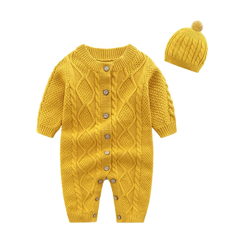 Hot Sale Wholesale Baby Onesie Solid Color Front Snap Knit Onesie Hairball Hats Cotton Thread Baby Romper - Image 4