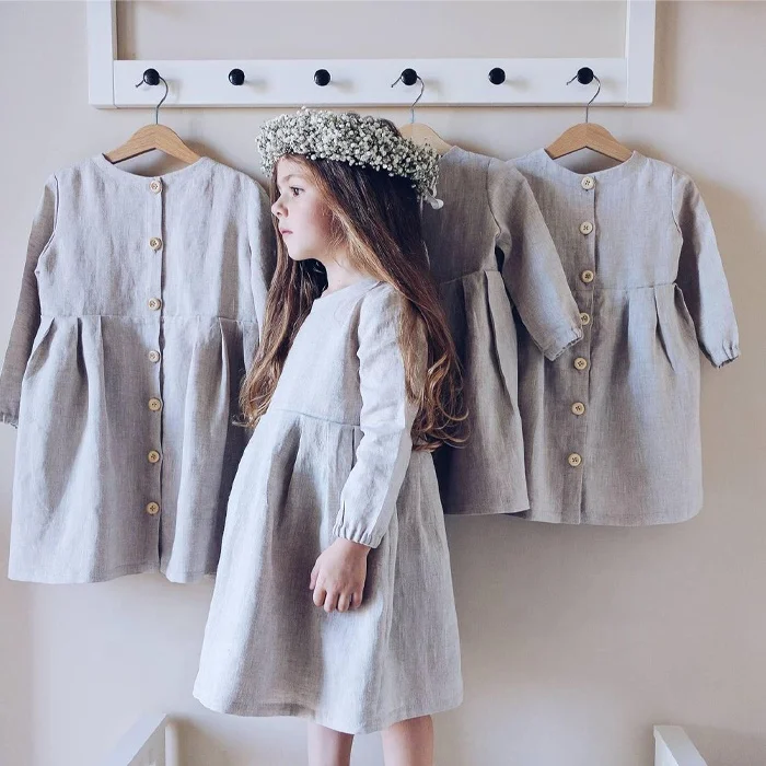 Custom Spring and Autumn Baby Girl Different Sizes Color Linen Wooden Buttons on the Back Long-sleeved Dress - Image 3