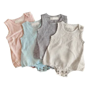 Striped Classic Summer Baby Unisex Linen Cotton Bubble Romper Sleeveless Infant Bodysuit