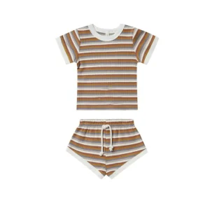 Custom Summer Infant Baby Stripe Ribbed Short Sleeve Shirt Match Drawstring Shorts Casual Tracksuits Kids Clothes Set