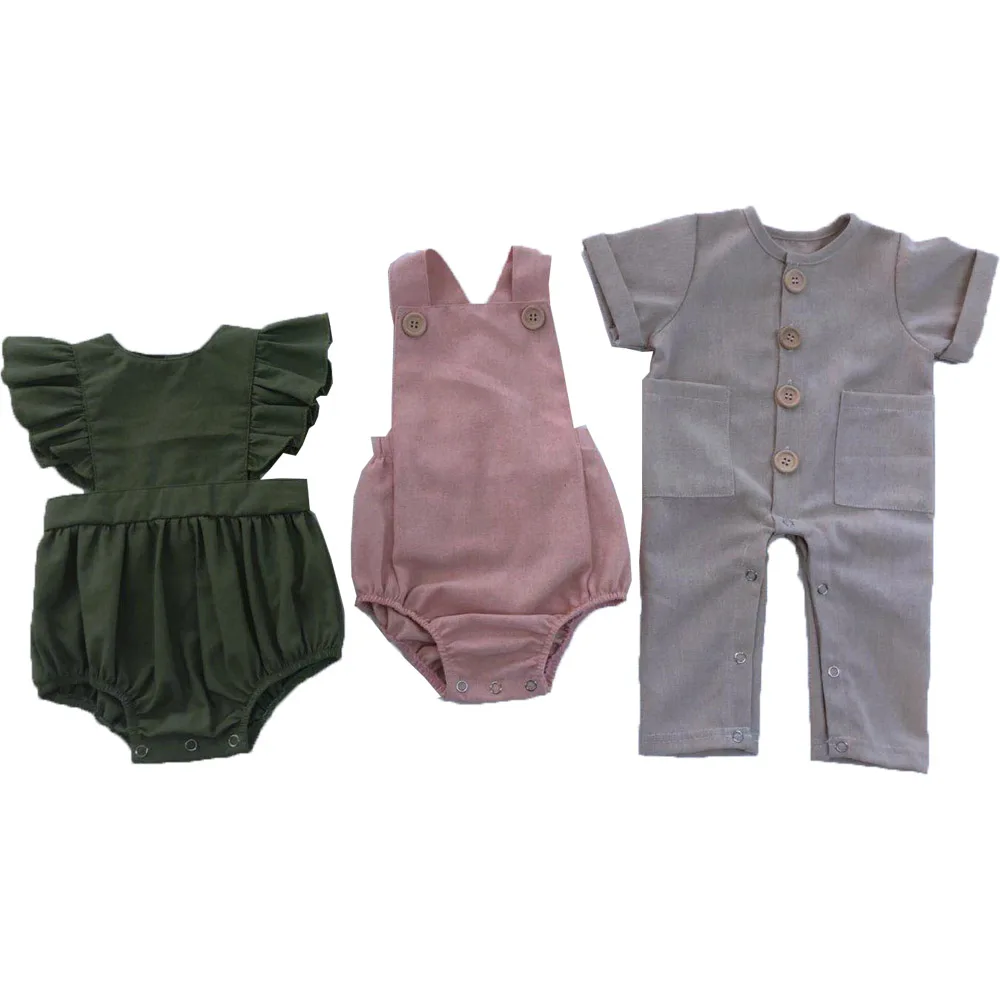 Custom New Design Solid Color Cotton Linen Casual Sleeveless Kids 2 Piece Clothes Set - Image 6