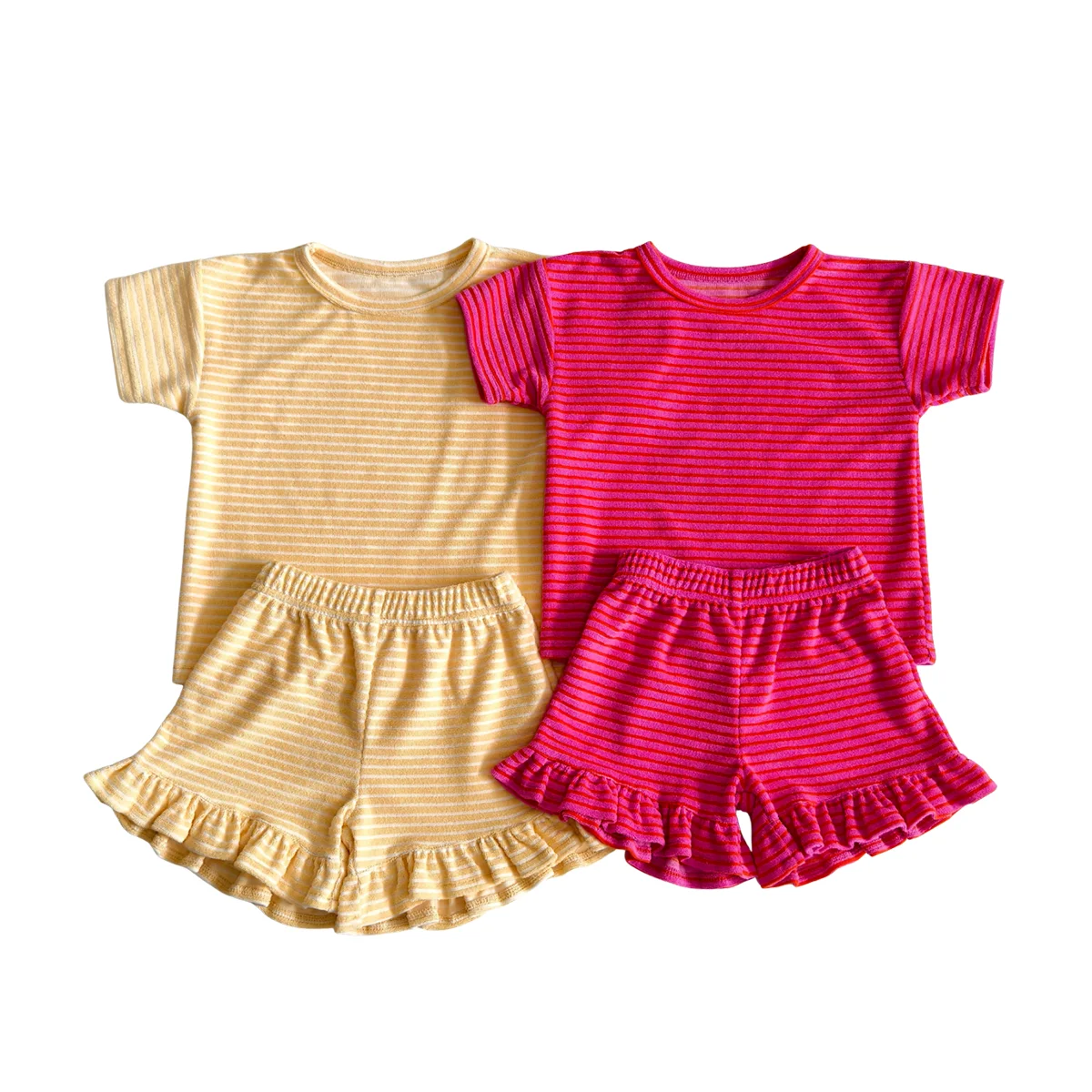 Girls Terry Cloth Striped Set Short Sleeve Ruffle Hem Spring Summer Kids Outdoor Set - Image 2