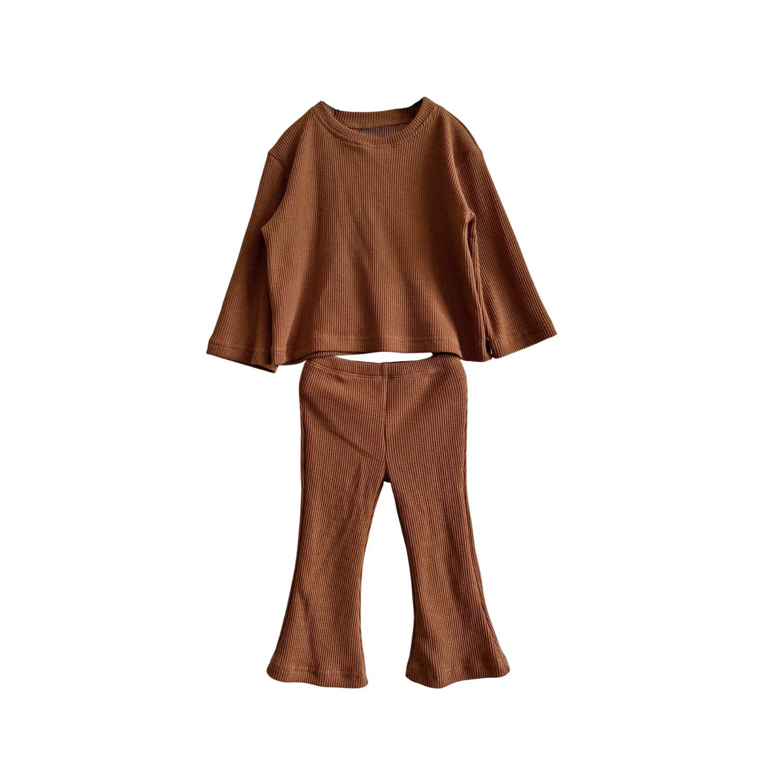 Custom Kids Clothes Set Toddler Girl Fall Outfit Baby Long Sleeve Top and Flared Pant 2-Piece Waffle Clothing Set - Image 3