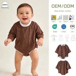 High Quality Romper Baby Clothes Terry Cloth Baby Middle Sleeve Romper Contrast Trim Chest Pocket Toddler Onesie for 0-3T