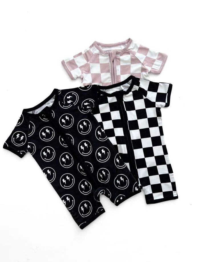 Popular Baby Short Sleeve Checkered Romper Custom Print Bamboo Pattern Onesie Toddler Checked Jumpsuit - Image 2