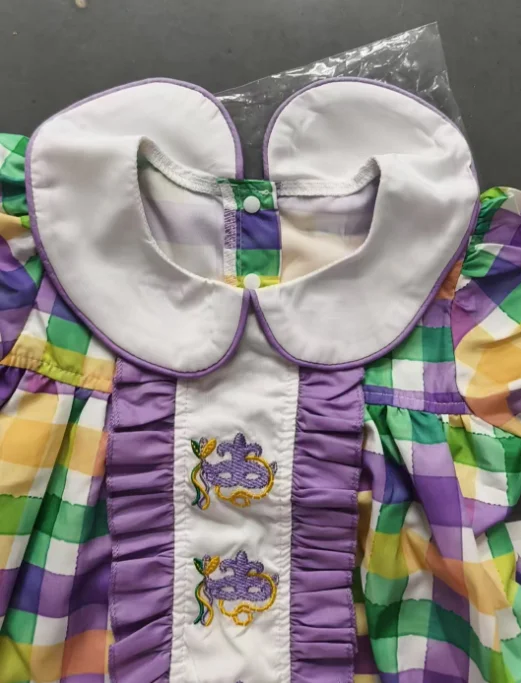 Baby Girls' Carnival Mardi Gras purple Gold Green Checkered Dress Short-sleeved Embroidered Princess Dress - Image 4